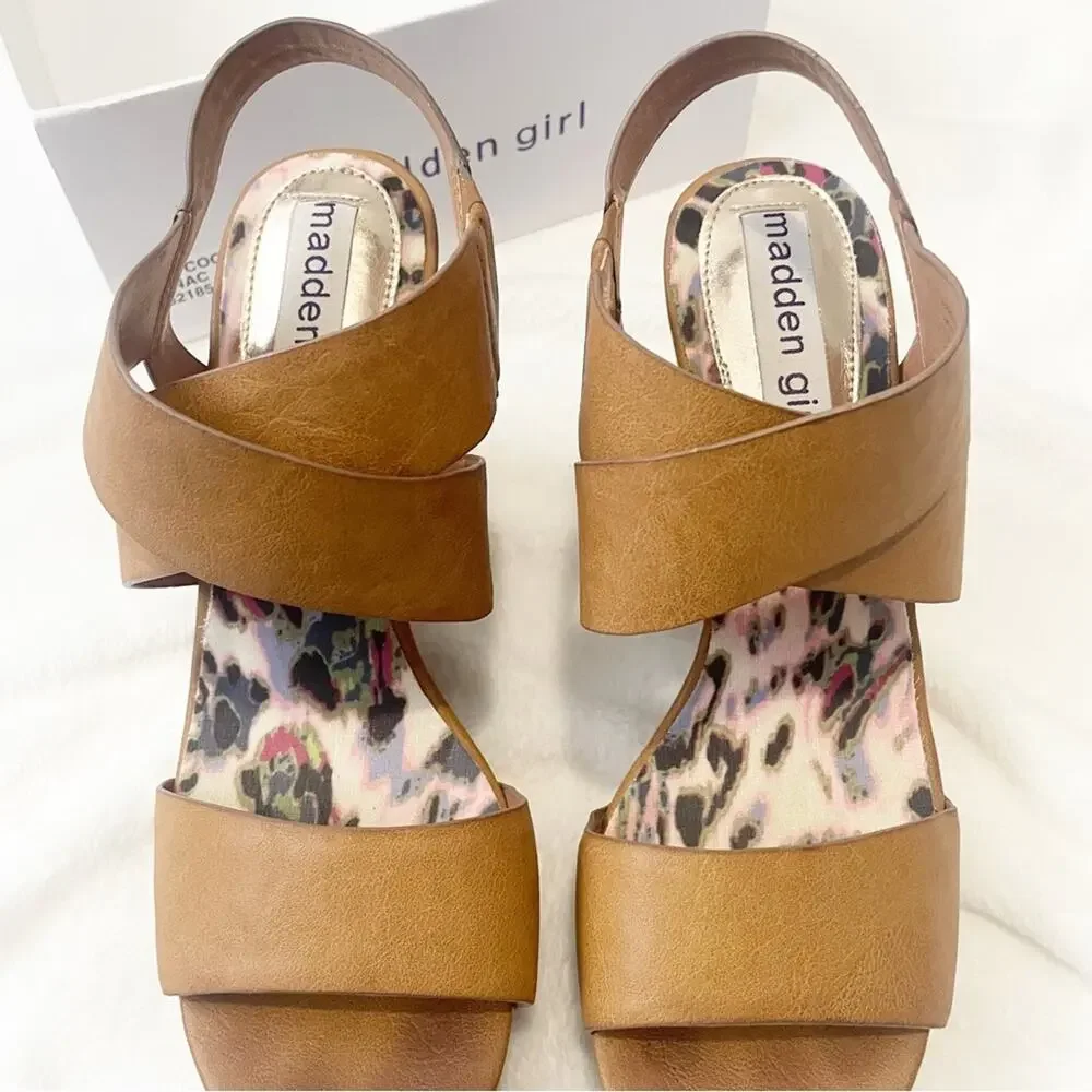 MADDEN GIRL ROME wedge sandal OPEN TOE CASUAL PLATFORM COGNAC size 9 with box